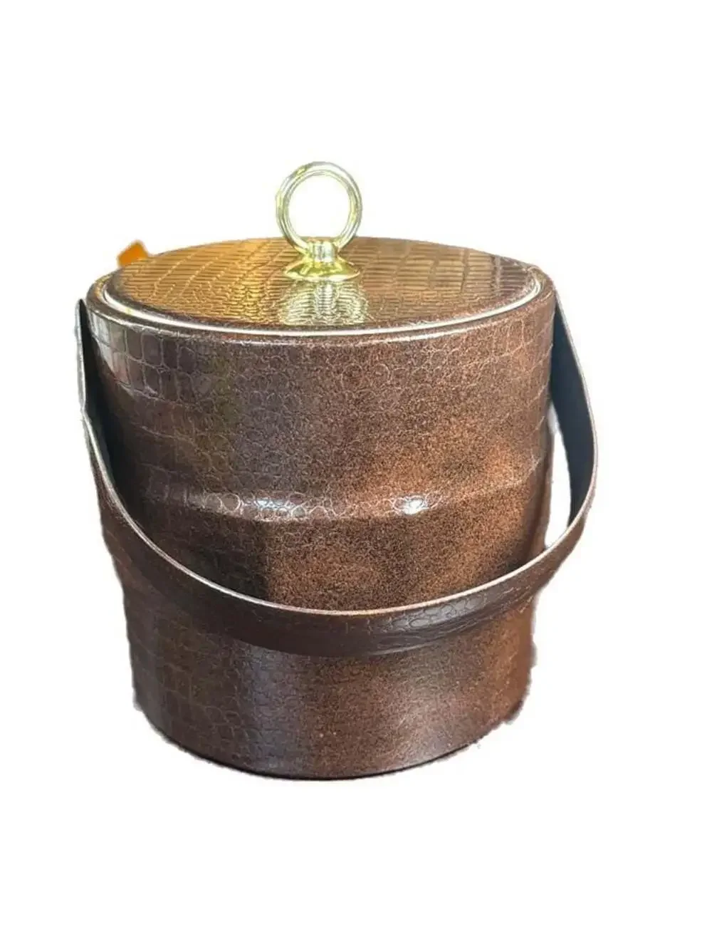 Vintage MCM Brown Faux Crocodile Embossed Leather Ice Bucket with Gold Ring